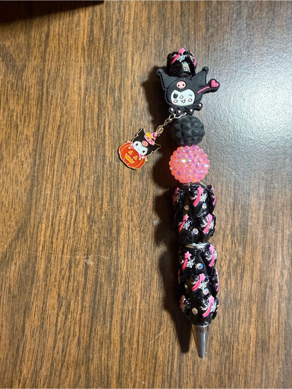 Kuromi-Inspired Black and Pink Beaded Pen